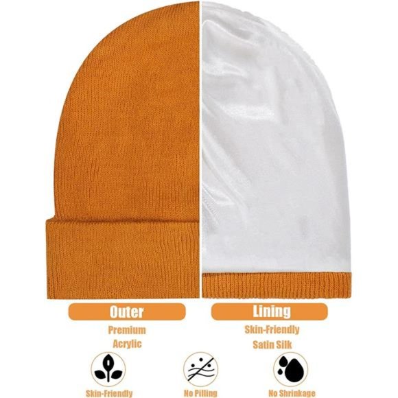 Winter Satin Lined Beanie Hat Silk Lined Beanies Cuffed Plain Skull Hat Knitted main image 5